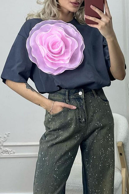 Casual Sweet Solid Flowers O Neck T-Shirts(4 Colors)