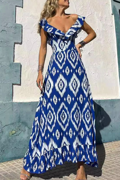 Sexy Geometric Print Flounce V Neck A Line Dresses