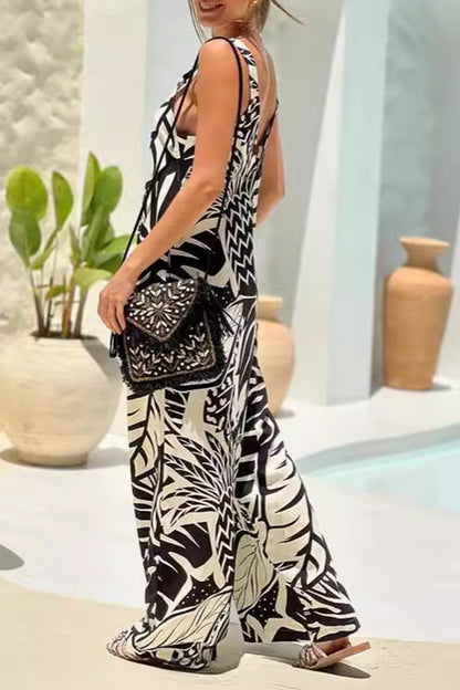 Casual Geometric Print Pocket V Neck Loose Jumpsuits