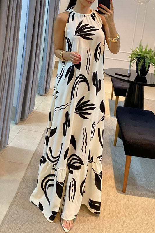 Elegant Geometric Print Fold Without Belt O Neck Printed Dresses