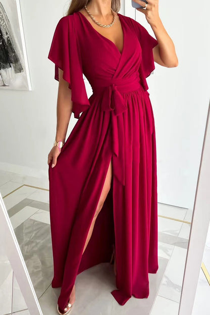 Elegant Solid Frenulum Flounce V Neck A Line Dresses(4 Colors)