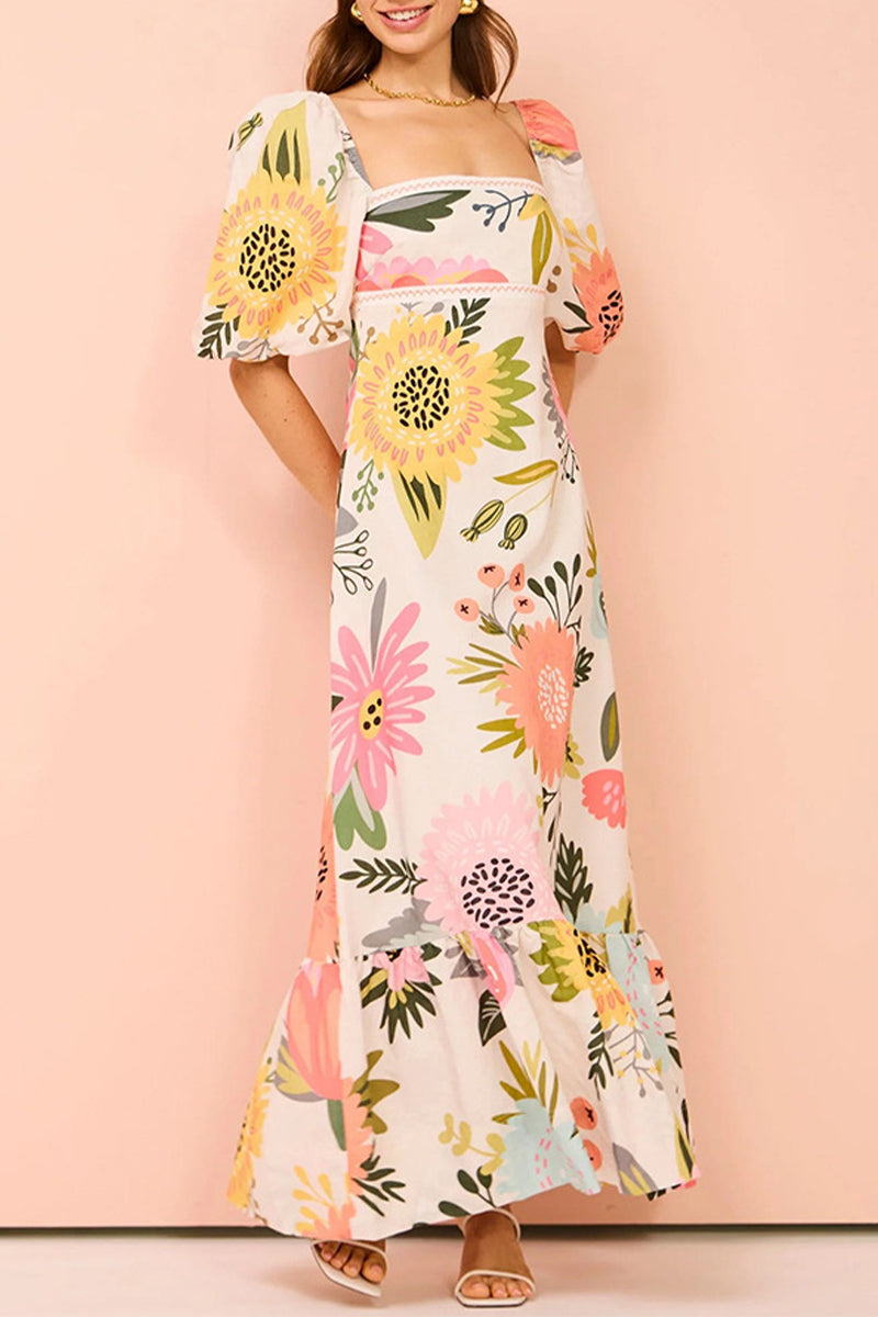 Elegant Print Flowers Flounce Square Collar A Line Dresses