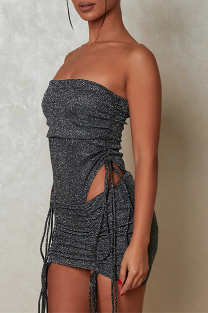 Sexy Solid Draw String Sequined Strapless Sleeveless Two Pieces