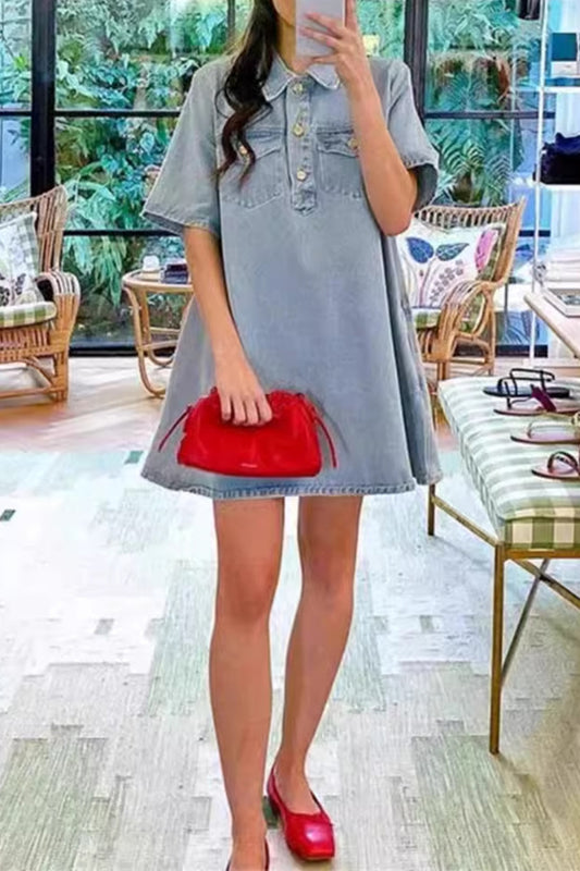 Casual Daily Solid Color Buttons Turndown Collar Short Sleeve Loose Denim Dresses