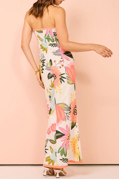 Sexy Floral Print Lace Up Slit Strapless Printed Dresses