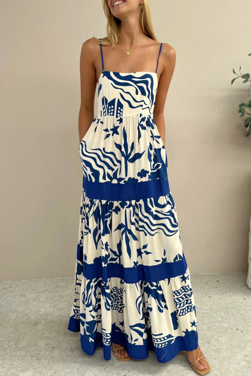 Casual Bohemian Floral Print Pocket Patchwork Contrast Sling Dresses