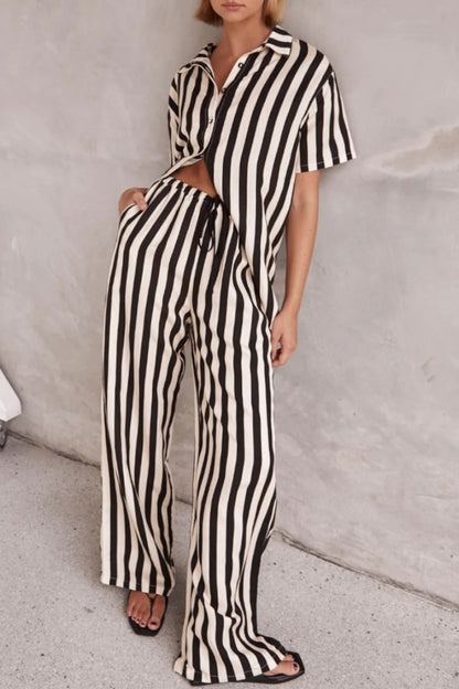 Casual Daily Striped Print Contrast Turndown Collar Short Sleeve Two Pieces