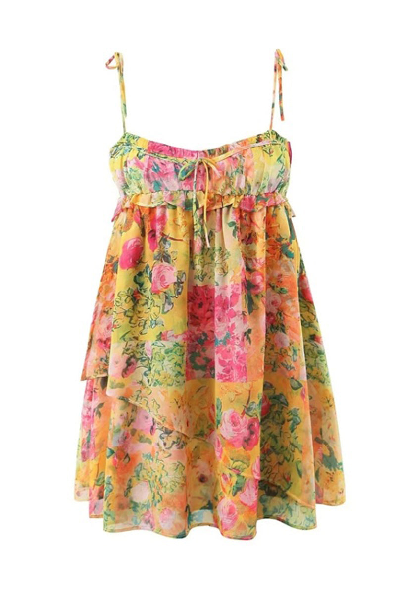 Sexy Floral Print Lace Up Stringy Selvedge Patchwork U Neck Sling Dresses