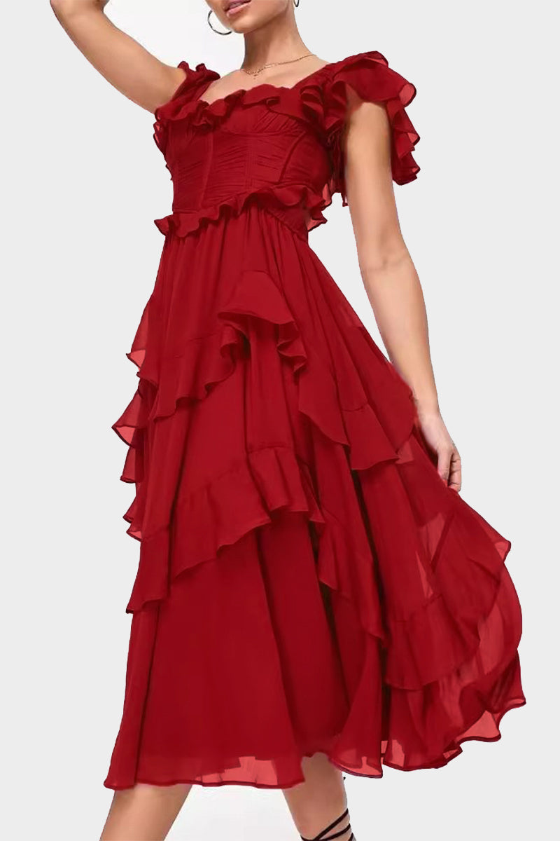 Sexy Solid Color Hollow Out Backless Ruffle Ruched V Neck Irregular Dresses