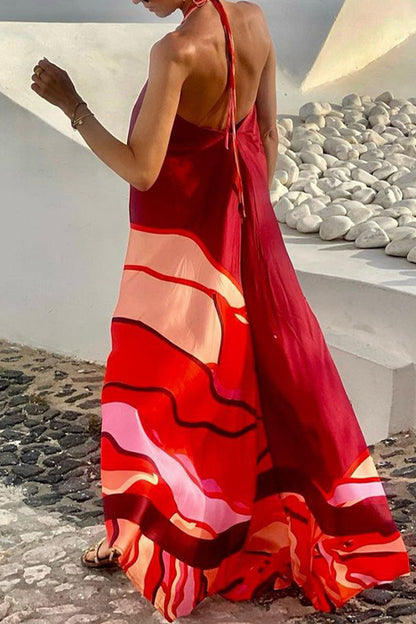 Casual Vacation Geometric Print Lace Up Backless Halter Sleeveless Dresses