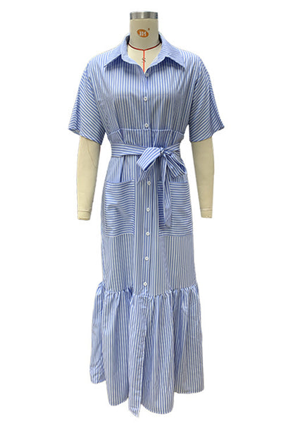 Casual Daily Striped Print Pocket Lace Up Shirt Short Sleeve Dress