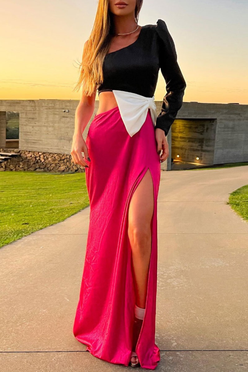 Sexy Patchwork Hollow Out Slit Bow Decor Oblique Collar Long Dresses