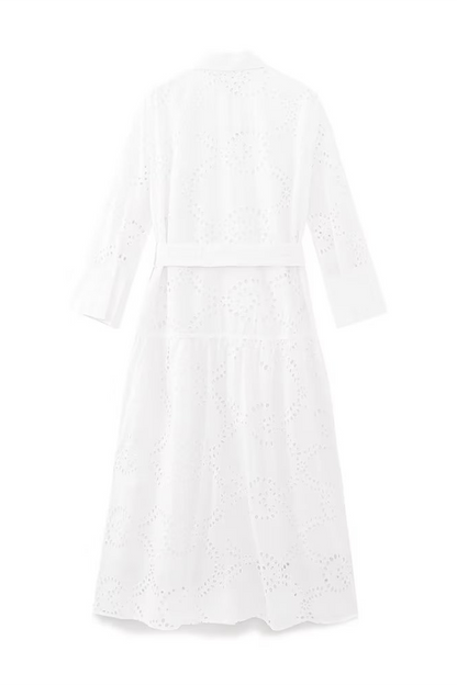 Casual Daily Solid Color Embroidered Hollow Out Lace Up Turndown Collar A Line Dresses