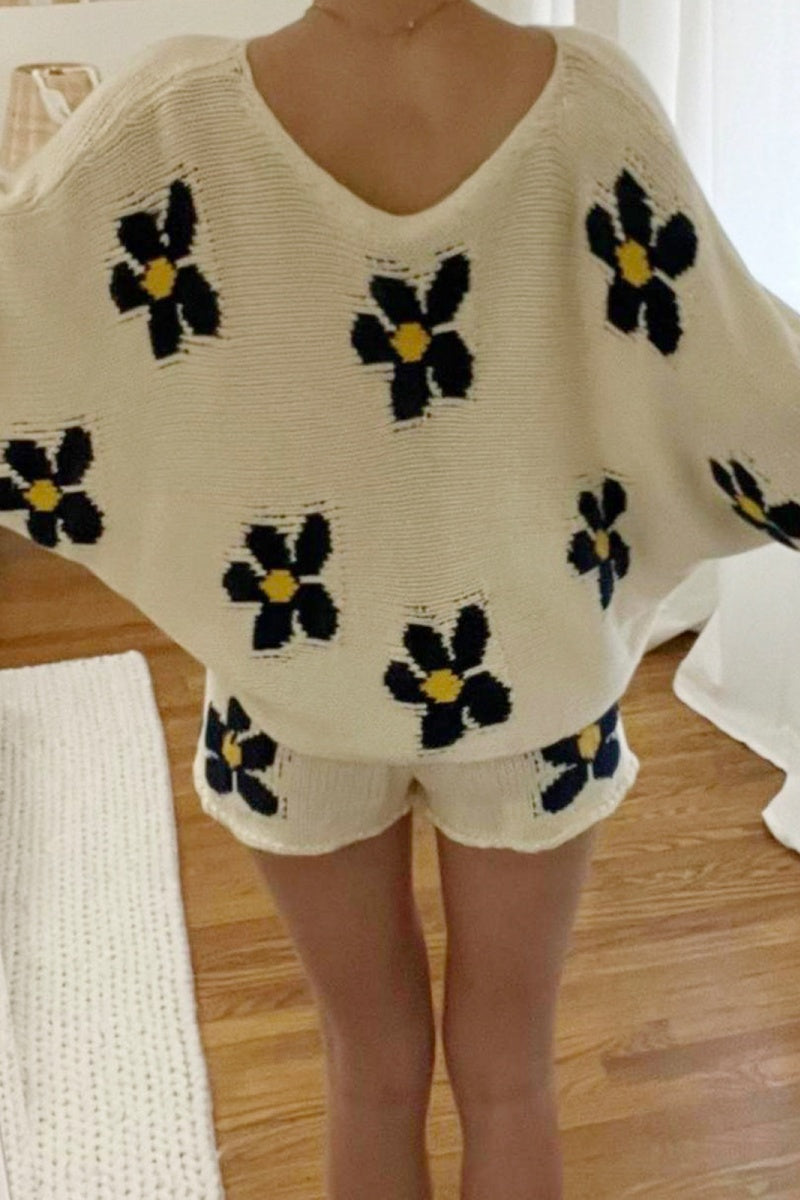 Casual Flowers Patchwork Zipper O Neck Long Sleeve Two Pieces