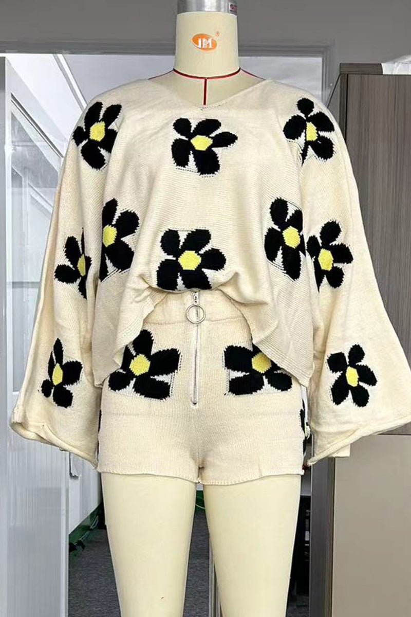 Casual Flowers Patchwork Zipper O Neck Long Sleeve Two Pieces