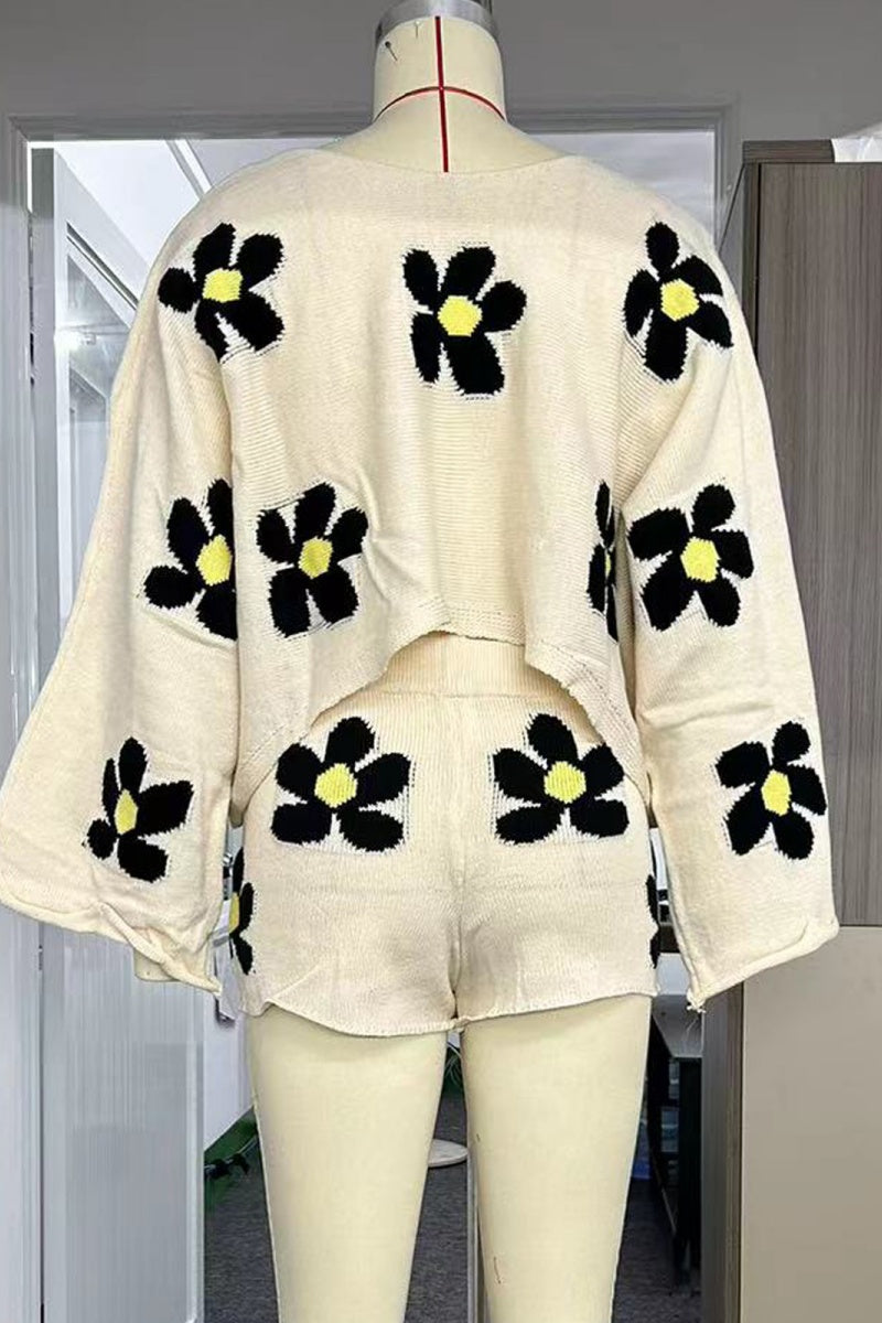 Casual Flowers Patchwork Zipper O Neck Long Sleeve Two Pieces