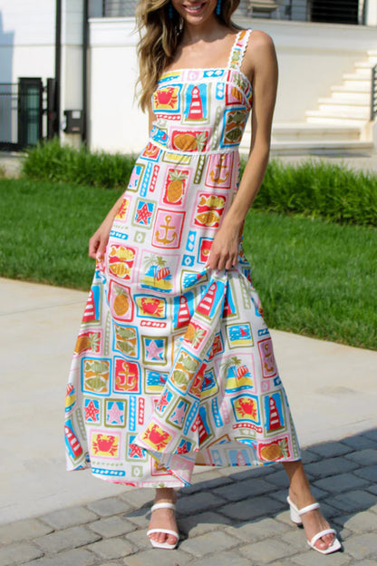 Casual Street Graffiti Print Patchwork Contrast Square Neck Printed Dresses