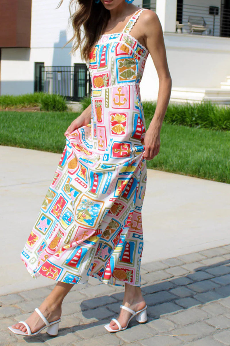 Casual Street Graffiti Print Patchwork Contrast Square Neck Printed Dresses