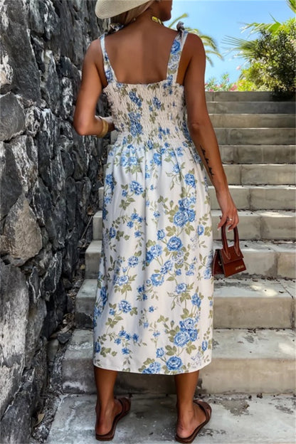 Casual Solid Color Floral Print Backless Slit Belted Spaghetti Strap Sleeveless Dresses(7 Colors)