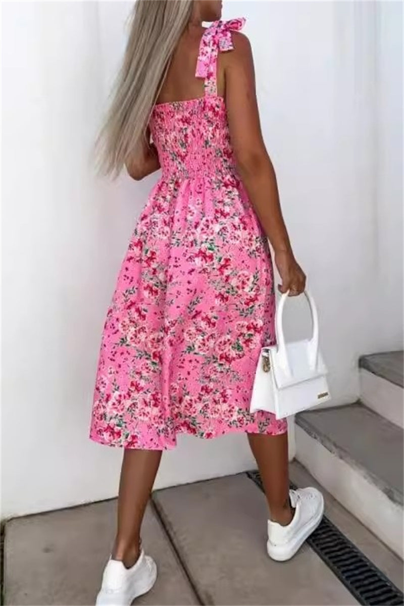 Casual Solid Color Floral Print Backless Slit Belted Spaghetti Strap Sleeveless Dresses(7 Colors)