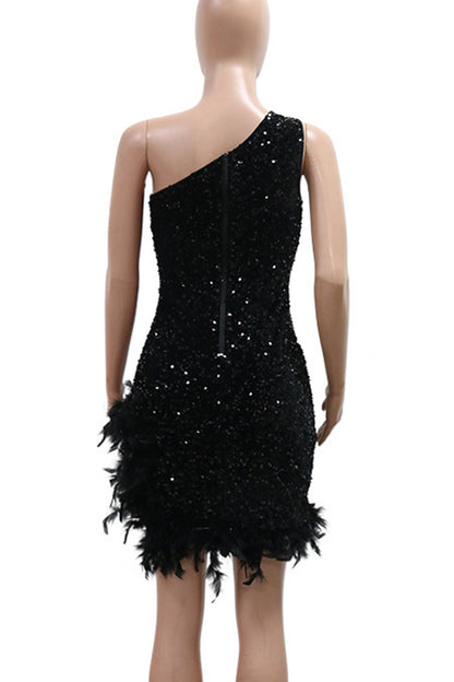 Sexy Sequins Patchwork Backless Feather Hemline Oblique Collar Wrapped Skirt Dresses