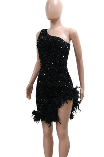 Sexy Sequins Patchwork Backless Feather Hemline Oblique Collar Wrapped Skirt Dresses