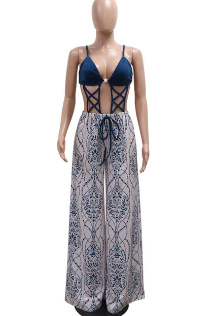 Sexy Print Hollow Out Patchwork Backless Spaghetti Strap Loose Jumpsuits