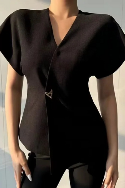 Casual Solid Color Metal Accessories Trim V Neck Tops