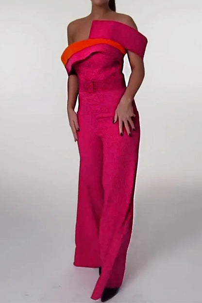 Sexy Colorblock Patchwork With Belt Irregular Contrast Strapless Regular Jumpsuits