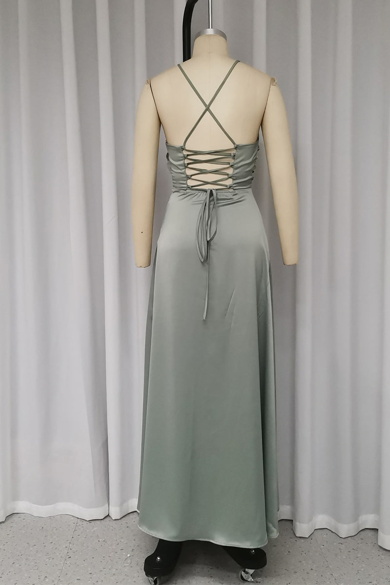 Sexy Solid Color Backless Slit Strap Design Halter Sleeveless Dresses