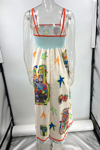 Casual Cartoon Print Patchwork Square Neck Sling Dresses