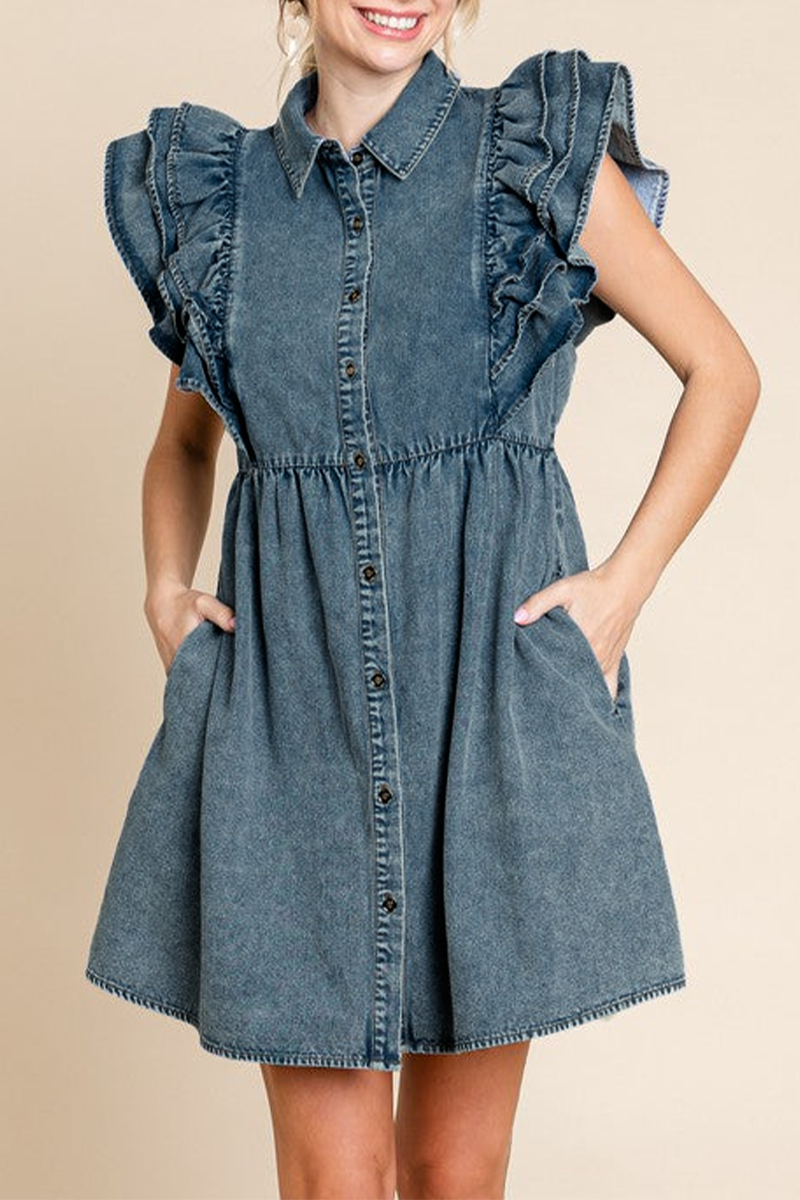 Casual Solid Color Distressed Pocket Ruffle Turndown Collar Short Sleeve Denim Dresses