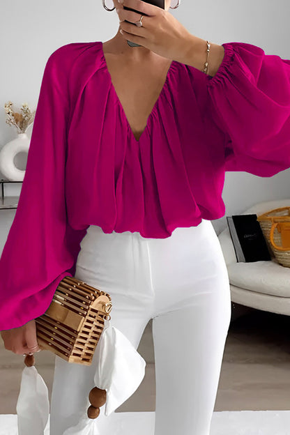 Elegant Solid Color Ruched V Neck Tops