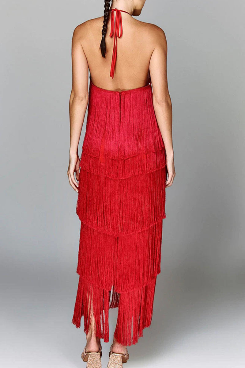 Sexy Fringed Trim Backless Halter Sleeveless Dresses(4 Colors)