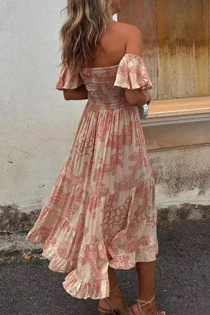 Sexy Floral Print Patchwork Ruffle Off Shoulder Cake Skirt Dresses