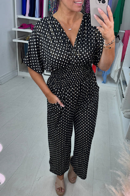 Casual Polka Dot Print Patchwork V Neck Regular Jumpsuits(3 Colors)