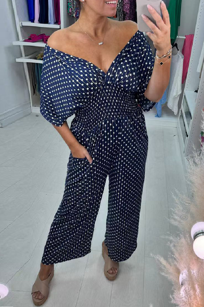 Casual Polka Dot Print Patchwork V Neck Regular Jumpsuits(3 Colors)