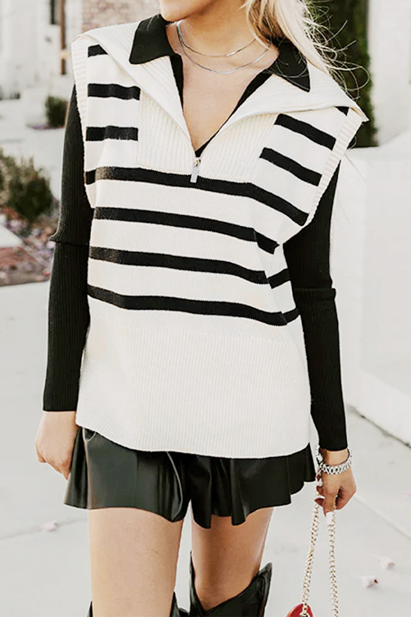 Casual Stripe Zipper Knit Turndown Collar Tops