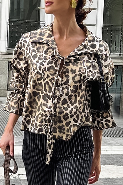 Casual Street Leopard Print Lace Up Turndown Collar Blouses