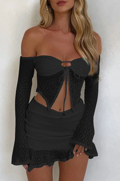 Sexy Solid Color Lace Lace Up Irregular Off Shoulder Long Sleeve Two Pieces(3 Colors)