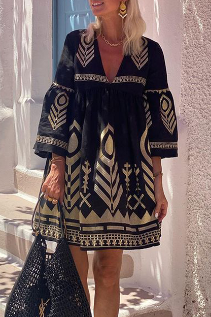 Casual Geometric Print V Neck A Line Dresses