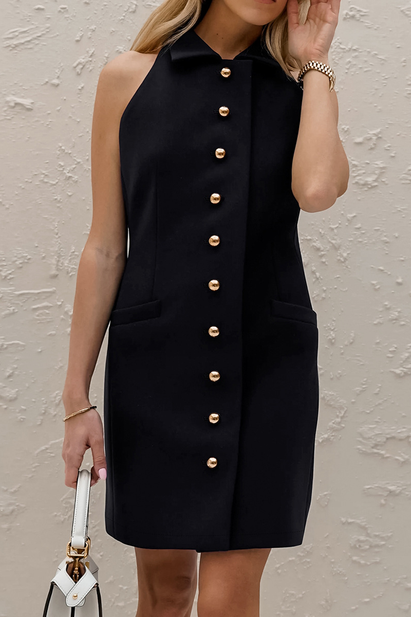 Celebrities Elegant Solid Color Buckle Turndown Collar Pencil Skirt Dresses