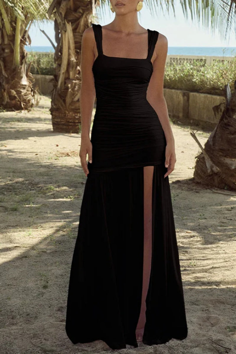 Sexy Casual Solid Color Backless Slit Ruched Spaghetti Strap Long Dresses