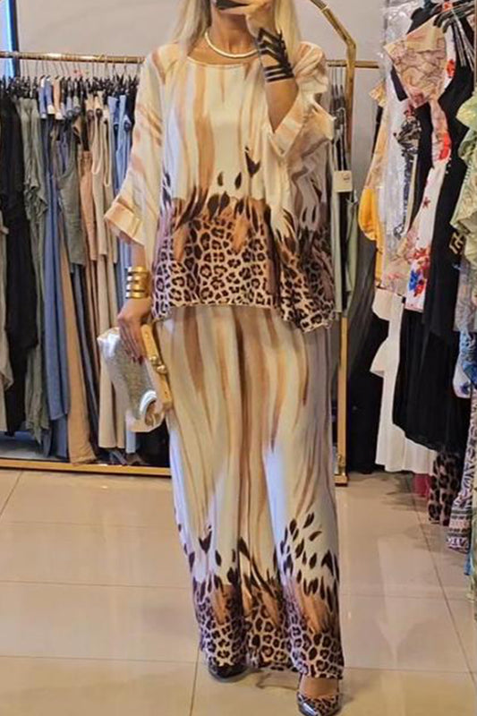 Casual Daily Leopard Print Contrast O Neck Three Quarter Two Pieces