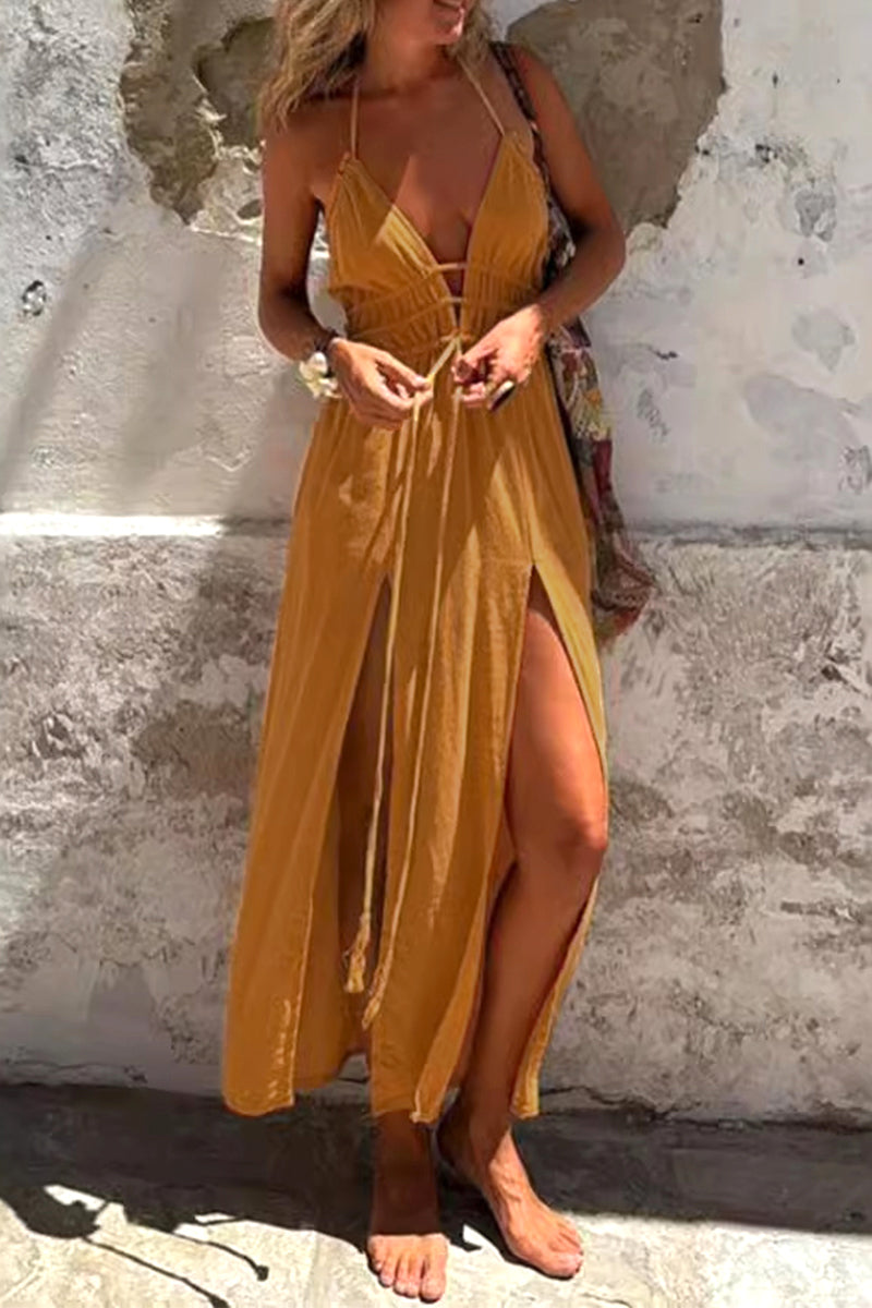 Sexy Vacation Solid Color Slit Strap Design Halter Irregular Dresses