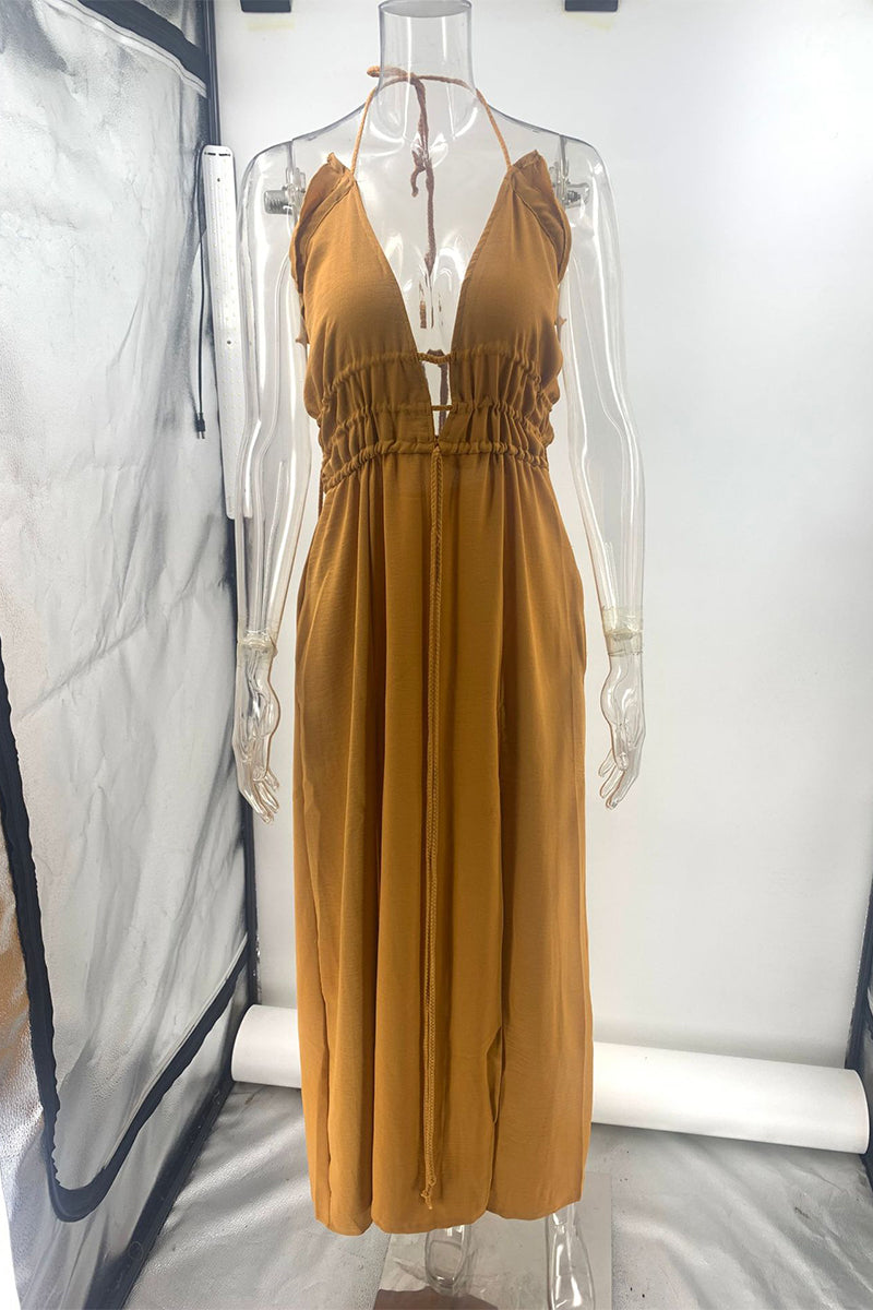 Sexy Vacation Solid Color Slit Strap Design Halter Irregular Dresses