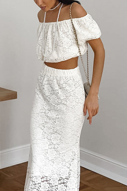 Sexy Solid Color Lace Hollow Out Off Shoulder Short Sleeve Two Pieces