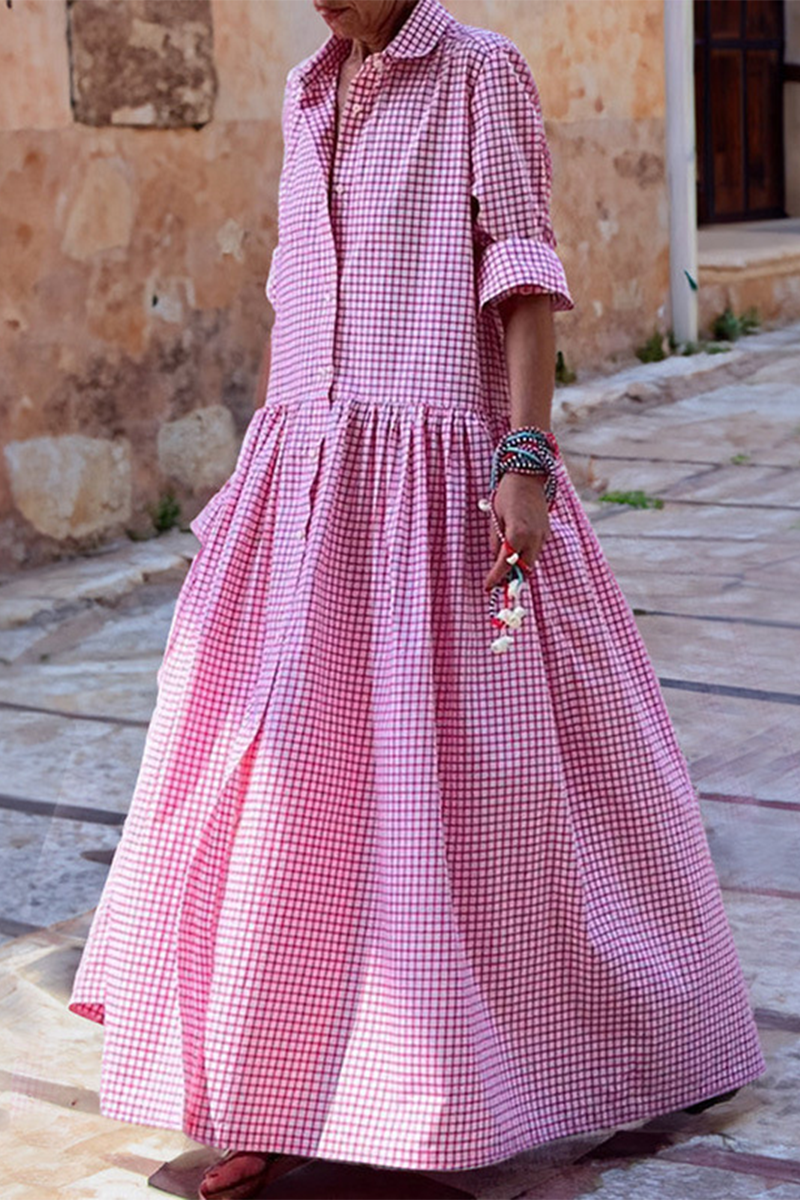 Casual Plaid Buttons Turndown Collar Long Sleeve Dresses