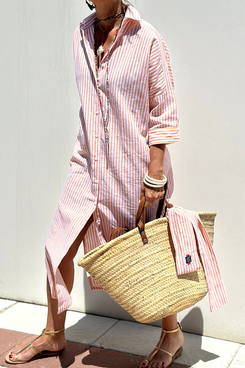 Casual Plaid Striped Print Buttons With Belt Turndown Collar Shirt Dresses(5 Colors)