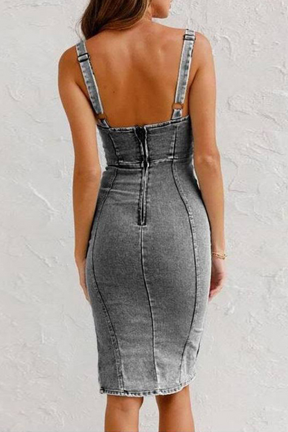 Sexy Solid Color Distressed Slit Zipper U Neck Sleeveless Skinny Denim Dresses